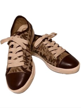 Michael Kors MK City Sneakers Logo Monogram Leather Natural/Brown Size 7